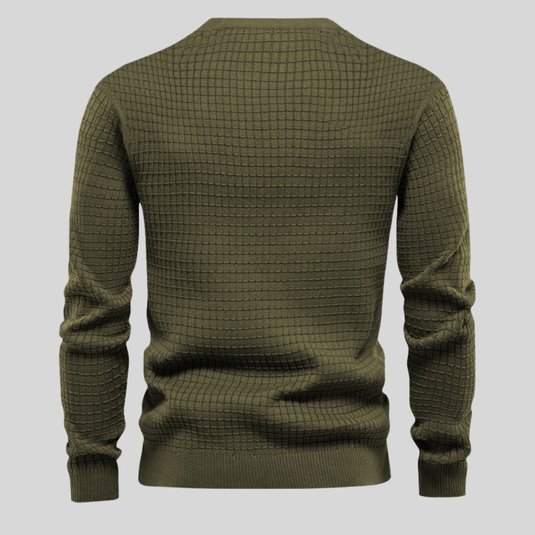 Eleganter Herren Rundhals-Pullover, gerippter Saum, Langarm. Erhältlich in Weiß, Schwarz & Khaki.