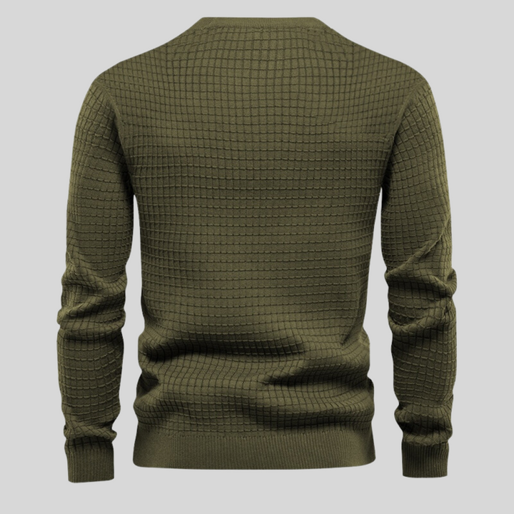 Eleganter Herren Rundhals-Pullover, gerippter Saum, Langarm. Erhältlich in Weiß, Schwarz & Khaki.