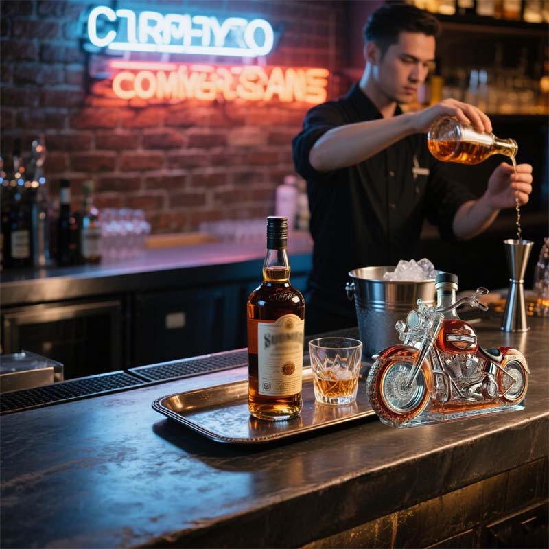 Stilvolle Harley Whiskyflasche/Dekanter, limitierte Edition, ideal als Sammlerstück oder edles Bar-Accessoire.