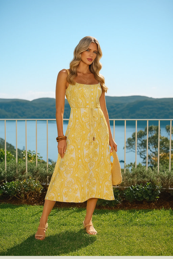 Damen Maxikleid in leuchtendem Gelb mit Blumenmuster, ärmellos, A-Linie. Sommerliches Freizeitkleid mit Quadrat-Ausschnitt.