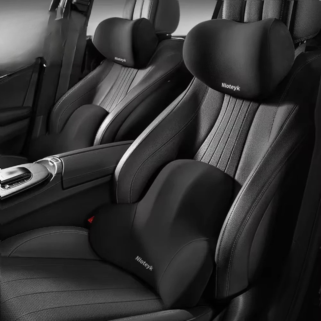 Schmerzlinderung im Auto: Ergonomisches Nacken- und Lendenkissen Set mit Memory-Schaum.