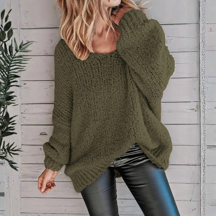 Detailansicht des weichen Stoffes vom Damen Oversize Rundhals Pullover. Kuschelig & bequem für kühle Tage.