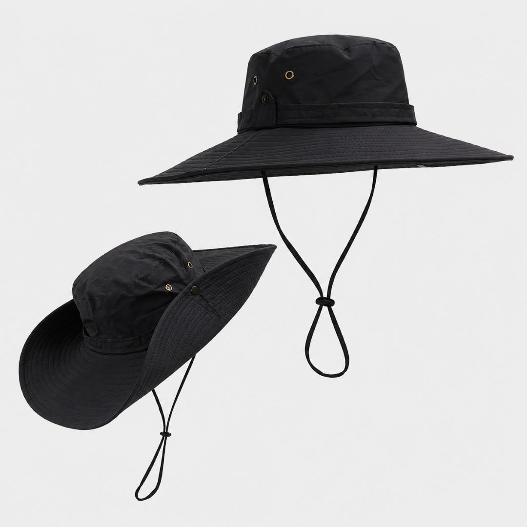 Kopfbedeckung für Outdoor: Unisex Sonnenhut, breiter Rand, UV-Schutz und Kinnriemen.
