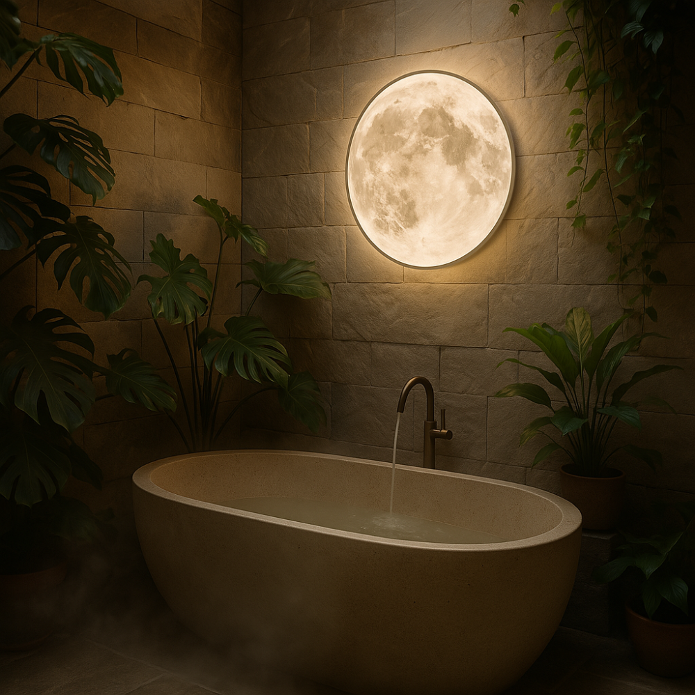 Magische Mondlampe mit warmweißem LED-Licht, schafft beruhigendes Ambiente im Raum.