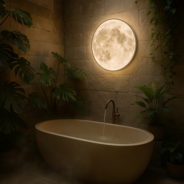 Magische Mondlampe mit warmweißem LED-Licht, schafft beruhigendes Ambiente im Raum.