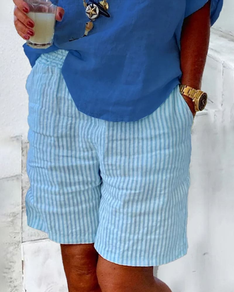 Bequeme gestreifte Damen-Shorts mit elastischem Bund & praktischen Taschen; leichte Baumwoll-Leinen Sommershorts.