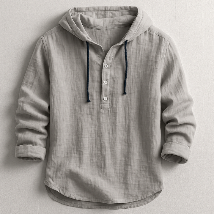 Entspanntes Herren Kapuzenhemd, Langarm mit Rundsaum. Ideal für lässige Herrenmode und Alltagskleidung.