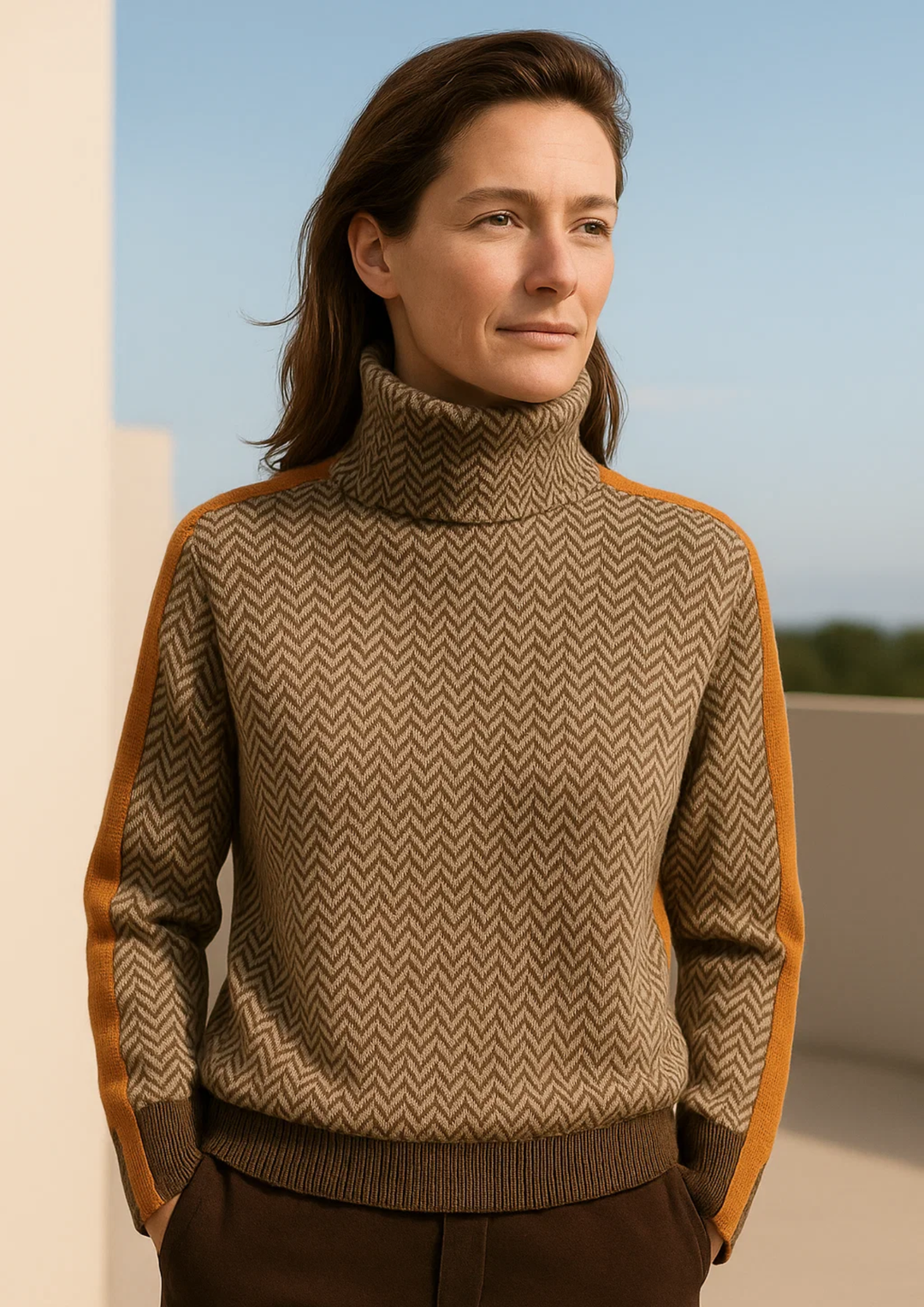 Eleganter Damen Sweatshirt mit Stehkragen und Streifenmuster. Ideal für Freizeit, warm & stilvoll.
