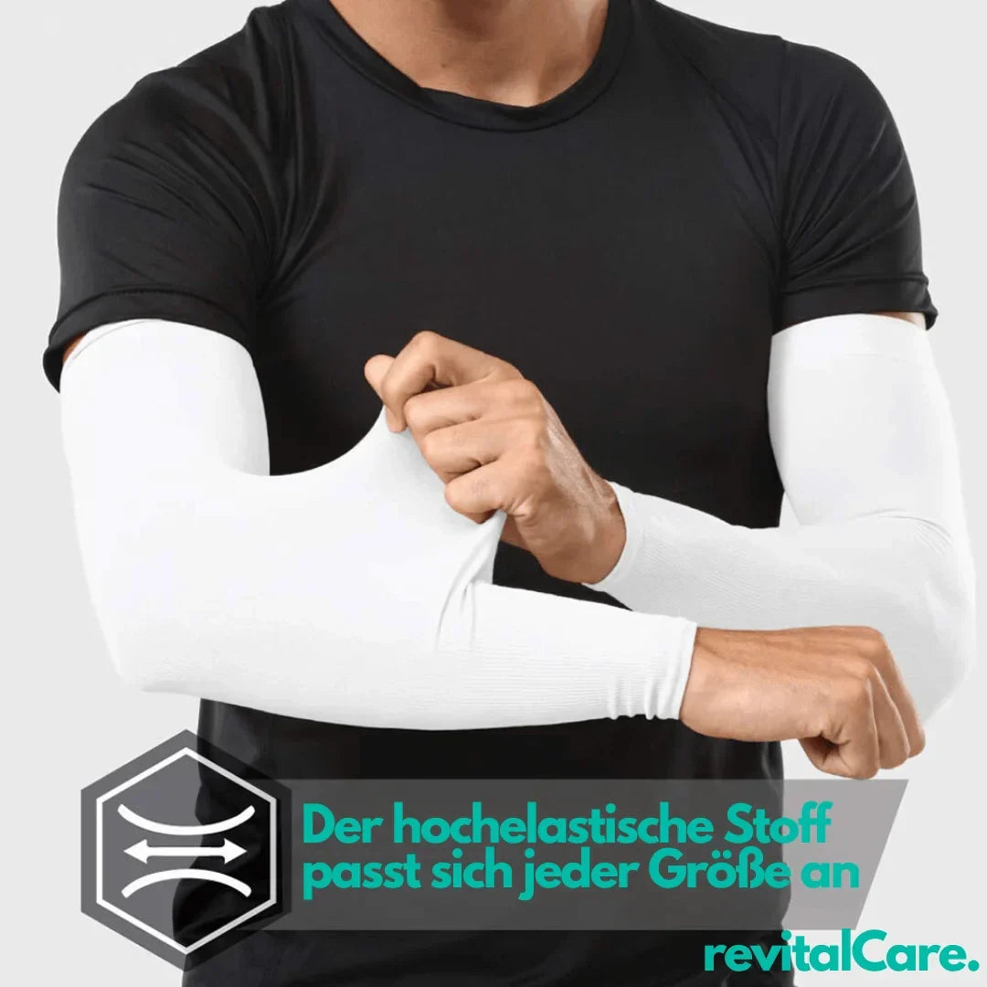 Grauer Kompressions-Armsleeve für Fitness, Alltag & Sport, fördert Muskelregeneration.
