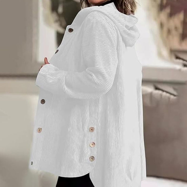 Einfarbige Damen-Kordjacke mit Kapuze, lockerer Schnitt, vielseitige Herbst- und Wintermode.
