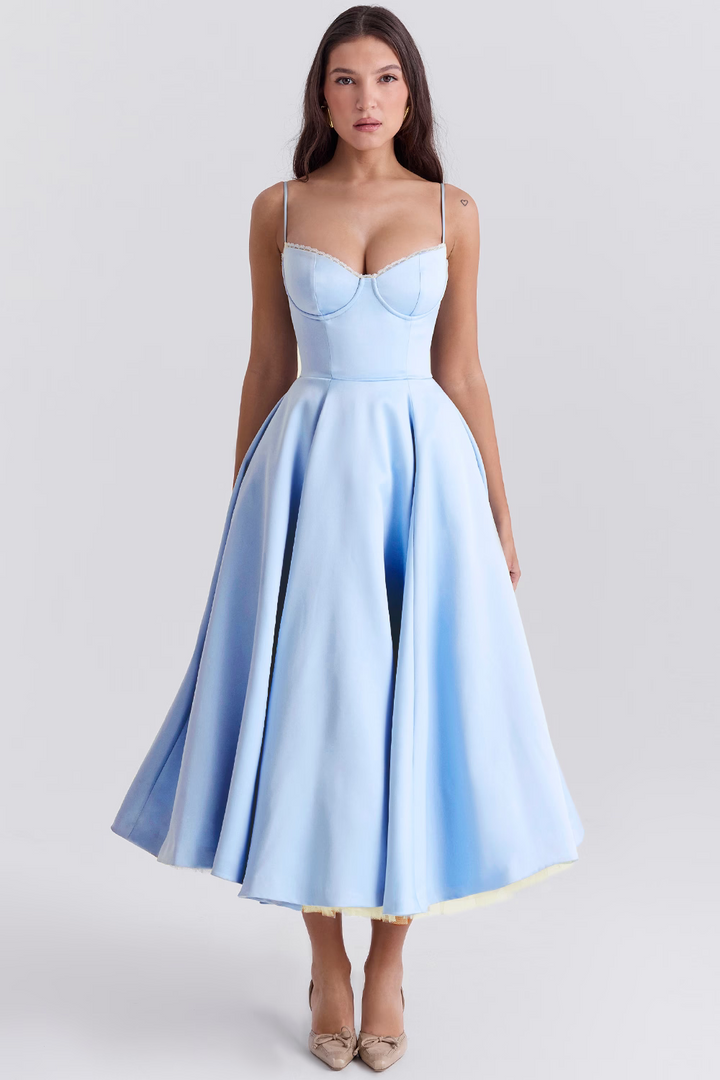 Modisches Damen Abendkleid in Midi-Länge, schmeichelhaft und perfekt für Hochzeitsgäste und Feiern.