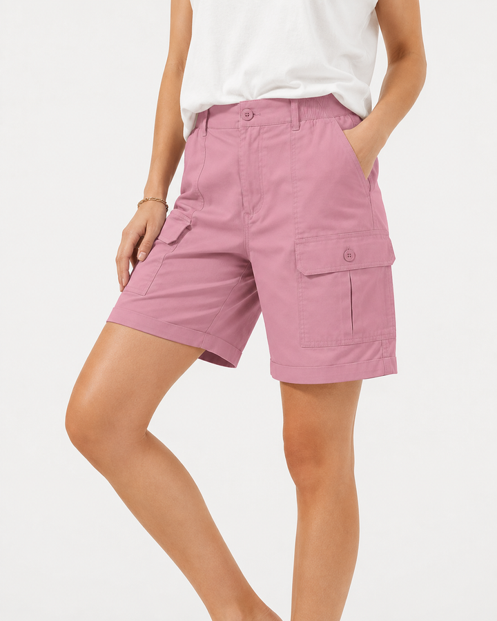Stylische Damen High-Waist Jorts mit elastischem Bund, perfekt für den Sommer.