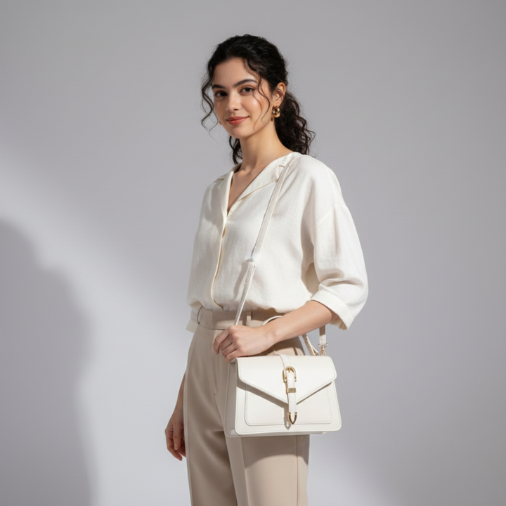 Seitliche Ansicht der minimalistischen Damen Umhängetasche, PU, schlichtes Design, mit Griff.