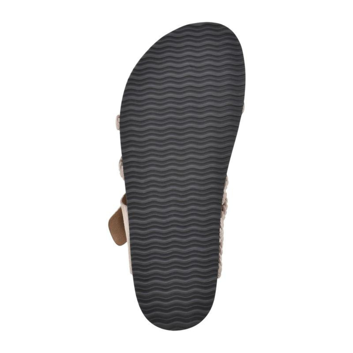 Robuste Strandsandalen für Damen: flach, mit komfortablem Fussbett und verstellbaren Riemen.