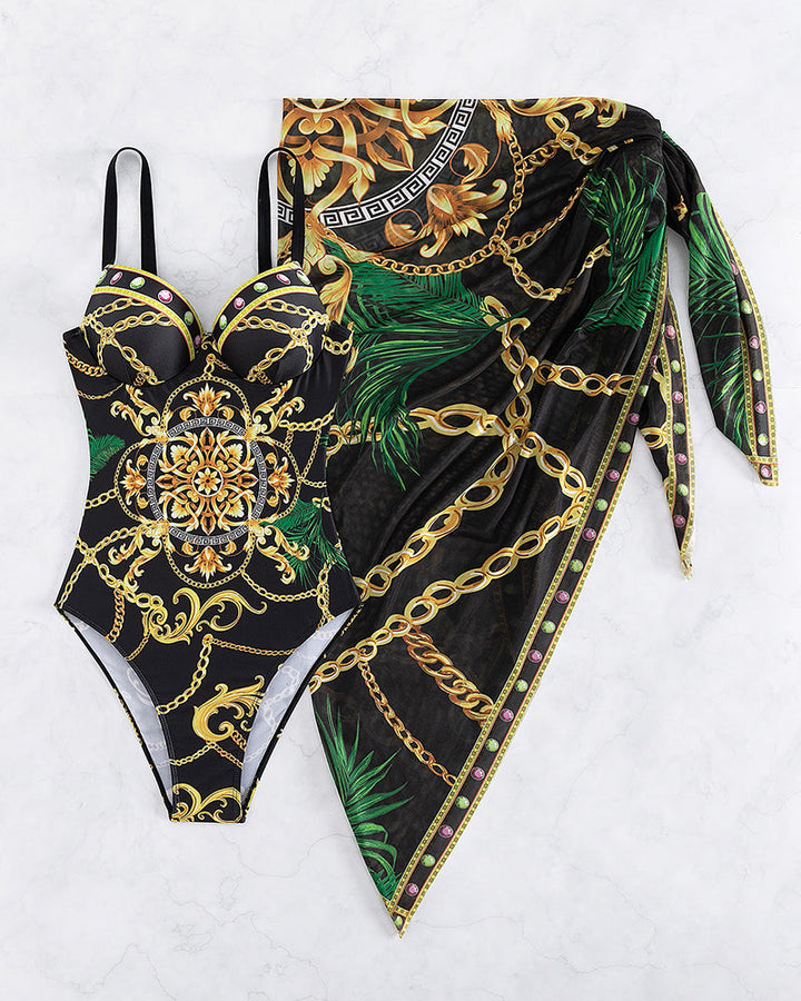 Damen Einteiler Push-up-Badeanzug mit Strandschürze für eine schmeichelhafte Silhouette.