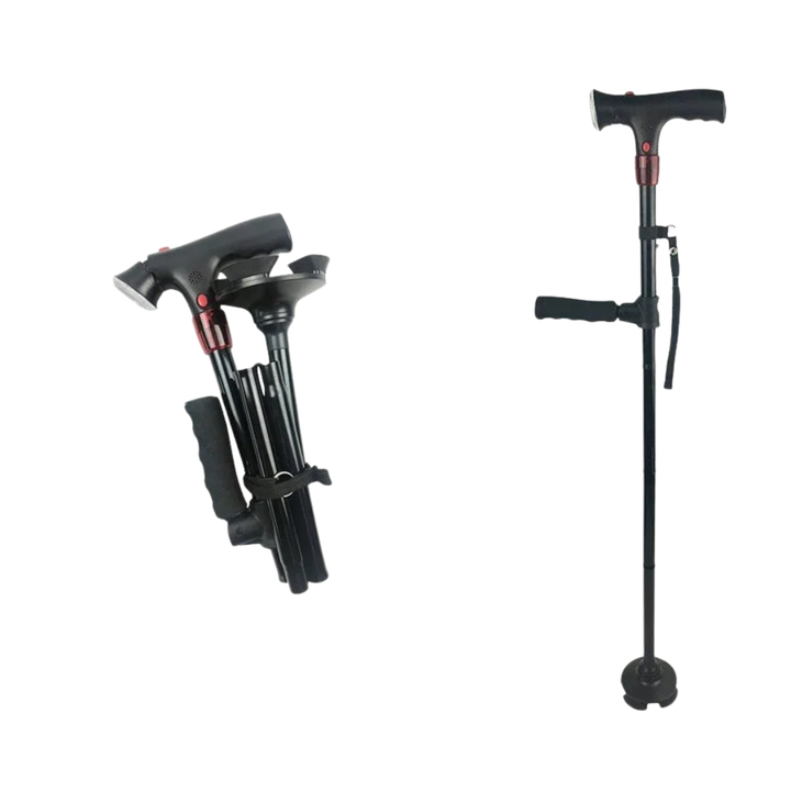 Schwarzer, faltbarer Aluminium-Gehstock mit Vierfuss-Basis, LED-Licht, Alarm & ergonomischem Griff.