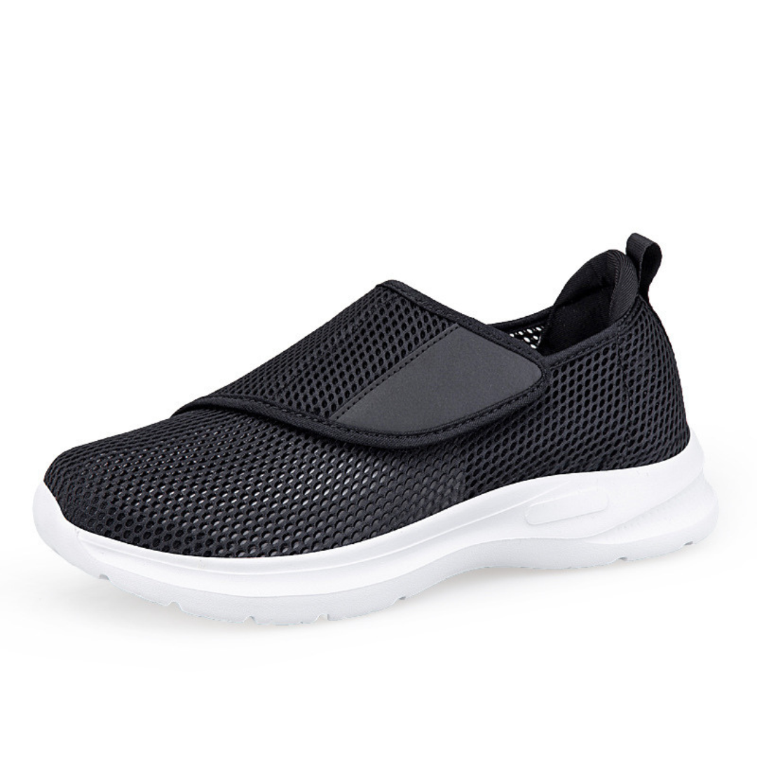 Herren Gehschuh, extra breit, dunkelgrau. Orthopädisch, verstellbar und sehr komfortabel.