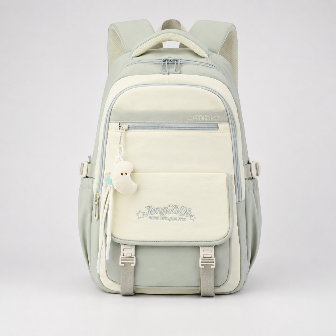 Nahaufnahme: Spritzwassergeschützter Oxford-Rucksack, robustes Design mit vielen Fächern für Organisation.
