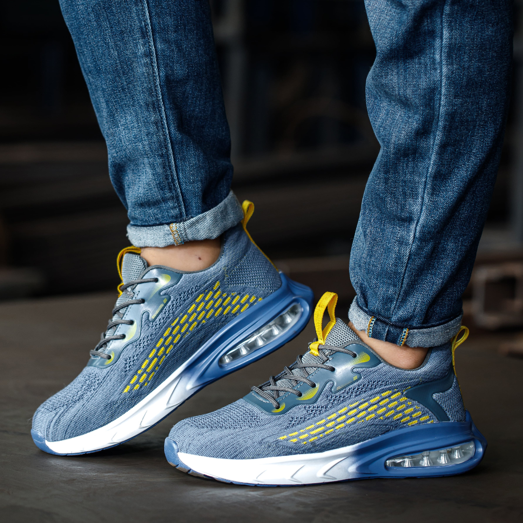 Bequeme, sportliche Herren Arbeitsschuhe in Blau, ultraleicht mit Zehenschutz & rutschfester Sohle.