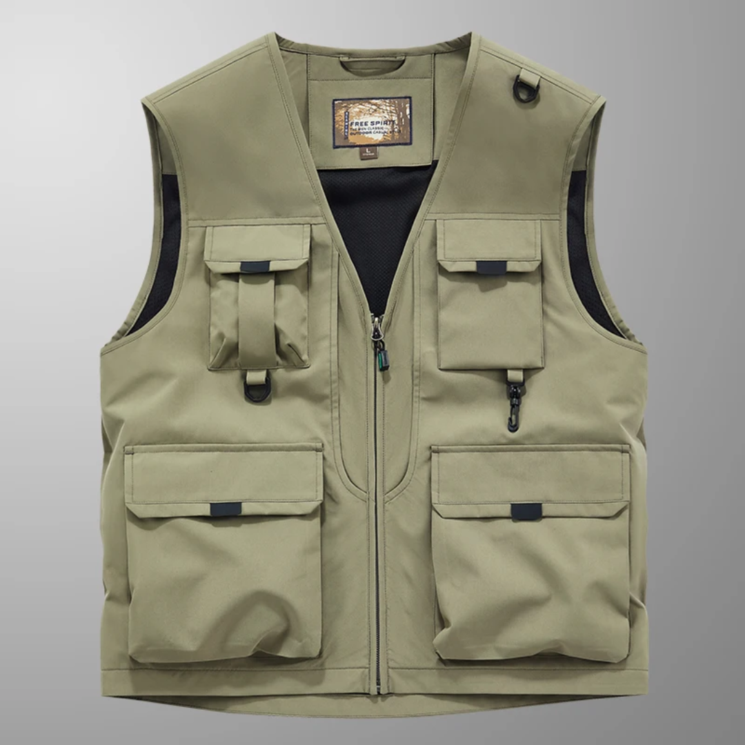 Praktische Herren Outdoor-Weste mit vielen Taschen, ideal für Angeln, Fotografie & Reisen.