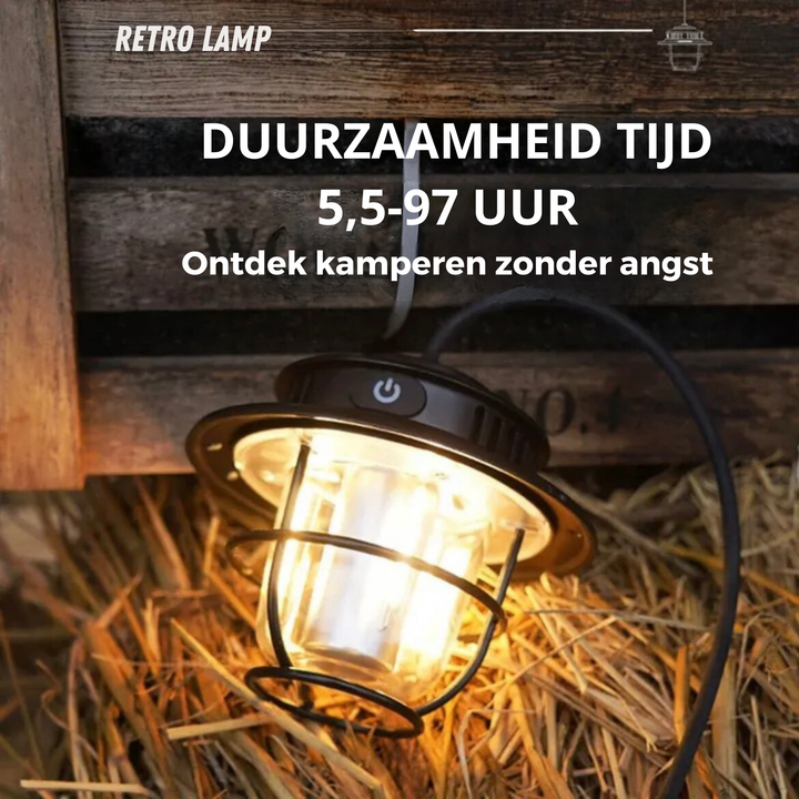 Warme Vintage LED Campinglaterne, schafft gemütliche Atmosphäre im Outdoor-Bereich, dimmbar & retro.