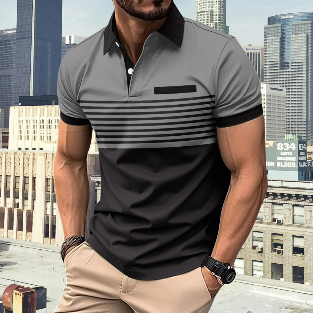 Herren Langarm Poloshirt gestreift mit Kragen, ideal für Herbst und Freizeitmode. Smart-Casual Look für Männer.