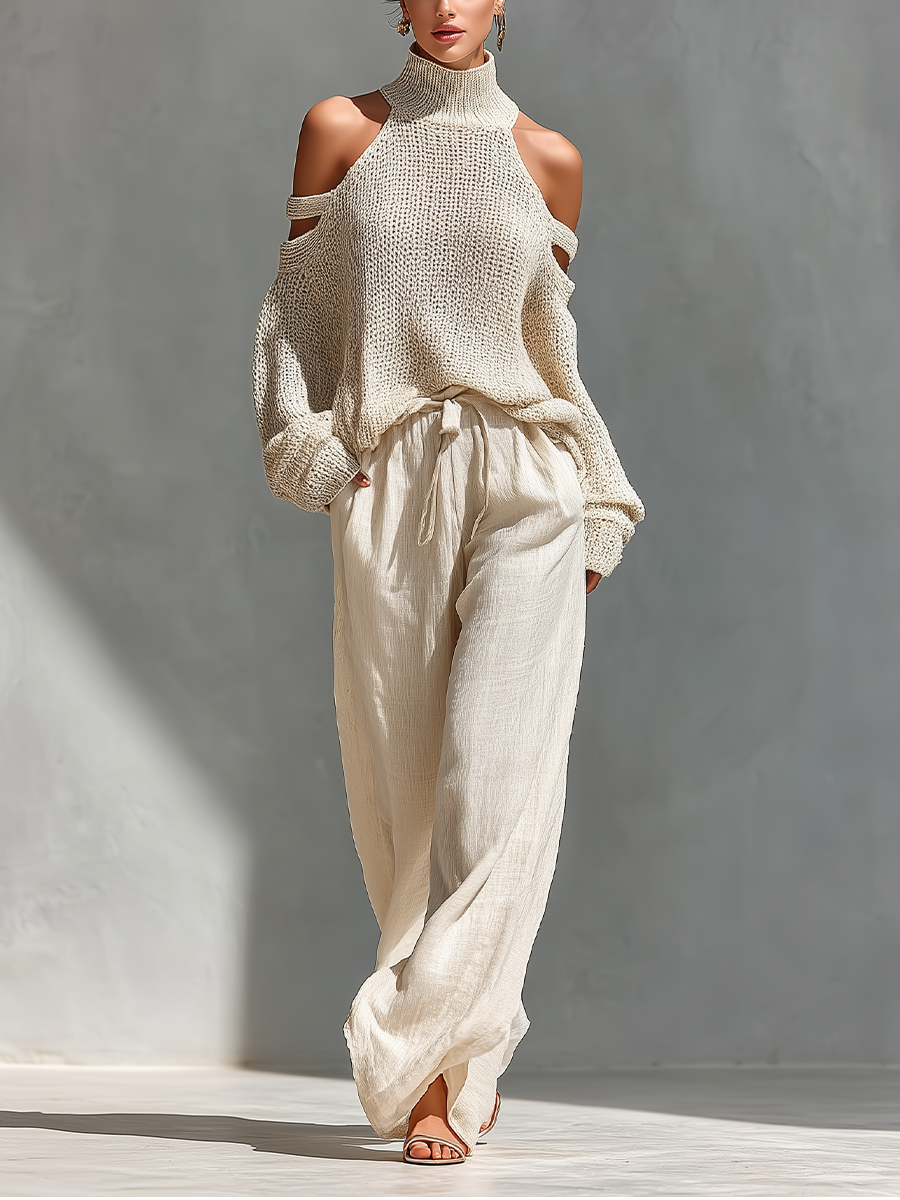 Beiges Damen Off-Shoulder Set: elegantes Turtleneck Top & weite Hose. Stilvoller Zweiteiler für Frühling/Herbst.