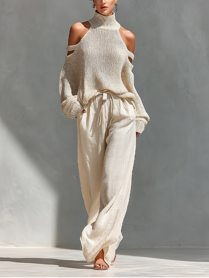 Beiges Damen Off-Shoulder Set: elegantes Turtleneck Top & weite Hose. Stilvoller Zweiteiler für Frühling/Herbst.