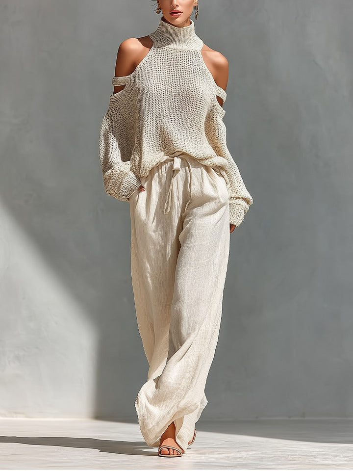 Elegantes Damen Zweiteiler Set: schulterfreies Oberteil und weite Hose in Beige. Perfektes Sommeroutfit.