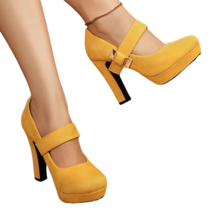 Seitliche Ansicht von eleganten zweifarbigen Damen Plateau-Absatzschuhen, perfekt für festliche Outfits.