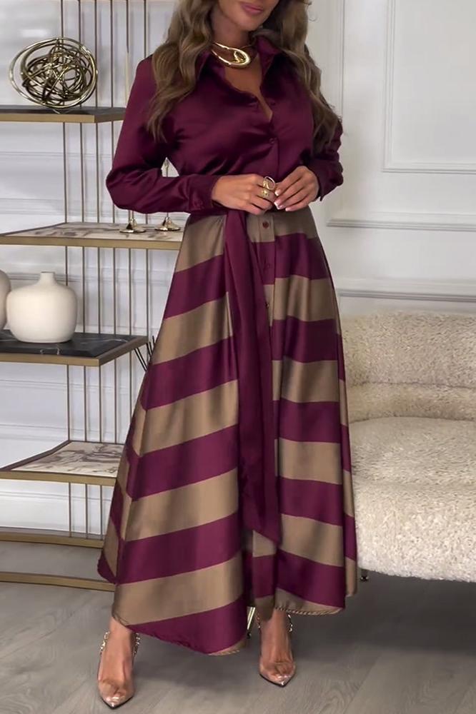 Modisches rot-schwarz gestreiftes Damen Maxikleid, perfekt als Freizeitkleid oder elegantes Abendkleid. Langarm-Design.