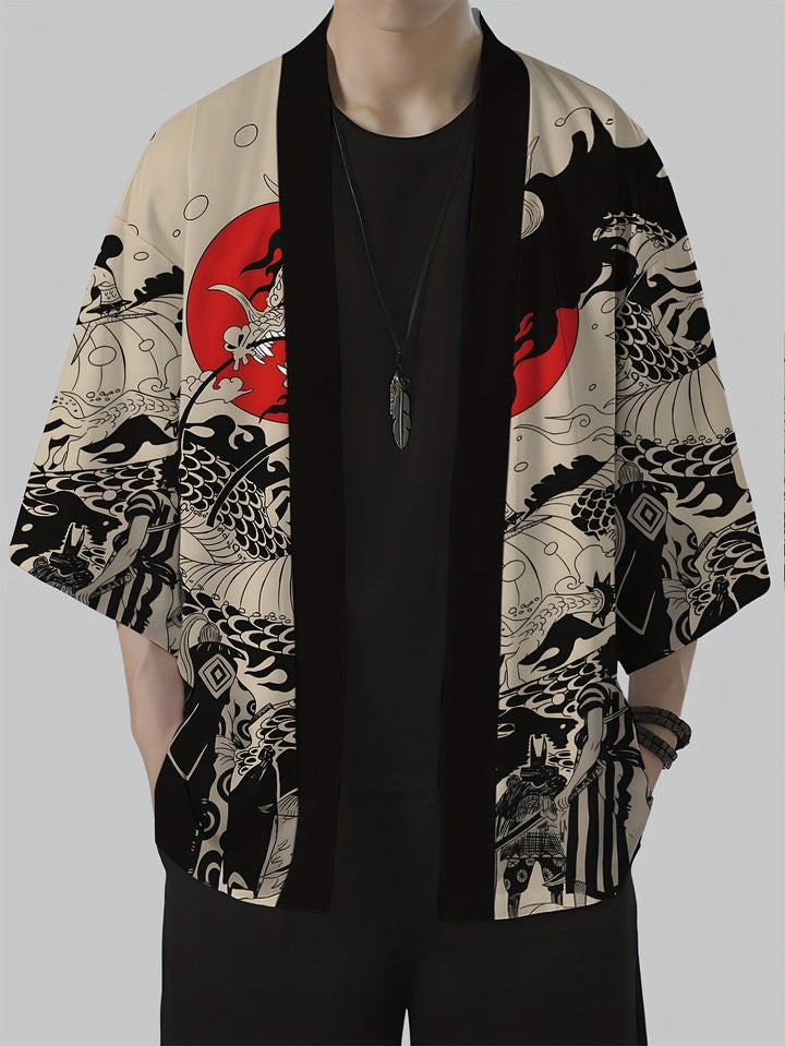 Herren Kimono Cardigan mit japanischem Drachen & Samurai Print. Lockerer Streetwear für einzigartigen Stil.