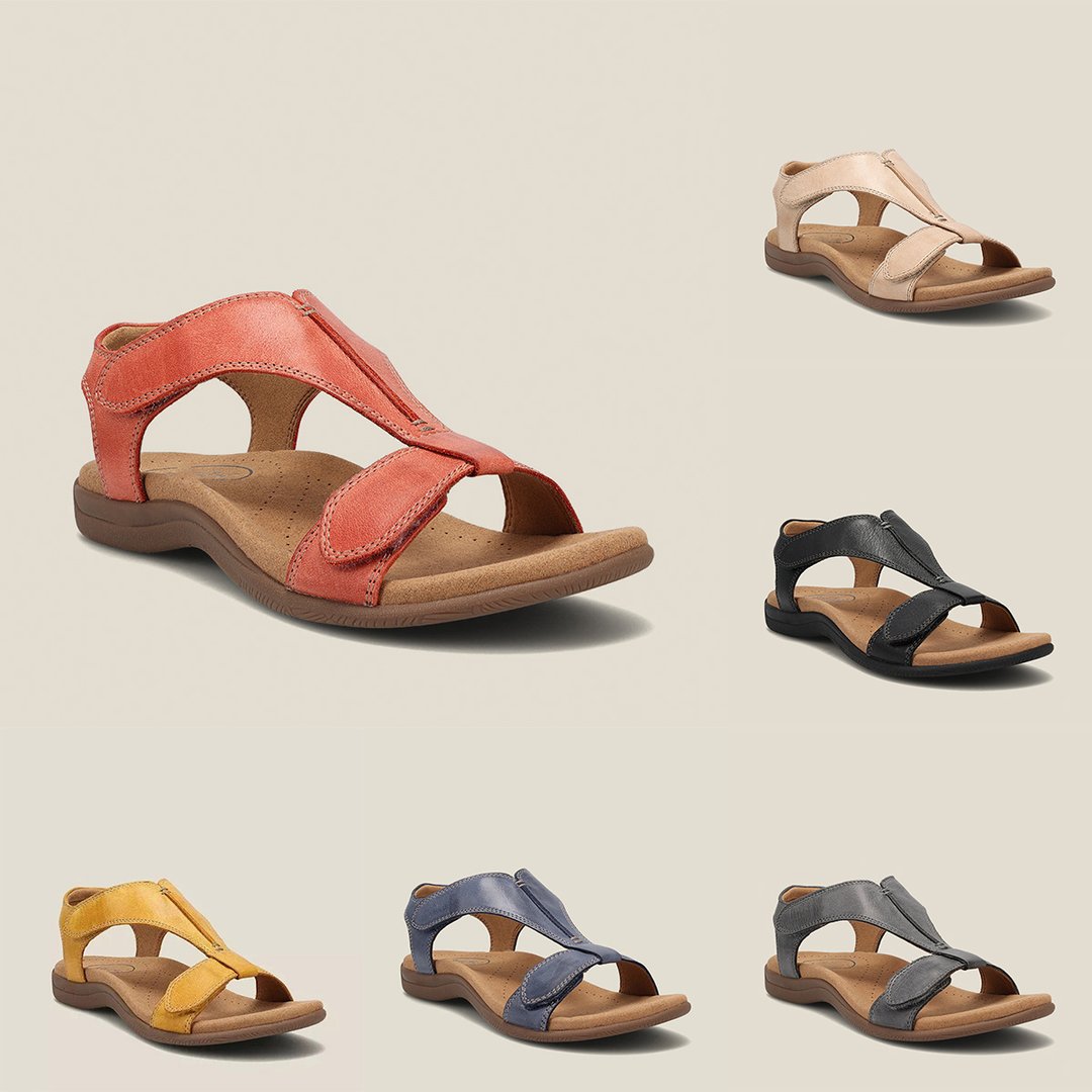 Orangefarbene Komfort-Damensandalen, orthopädisch, mit optimaler Fußgewölbestütze für langanhaltenden Komfort.