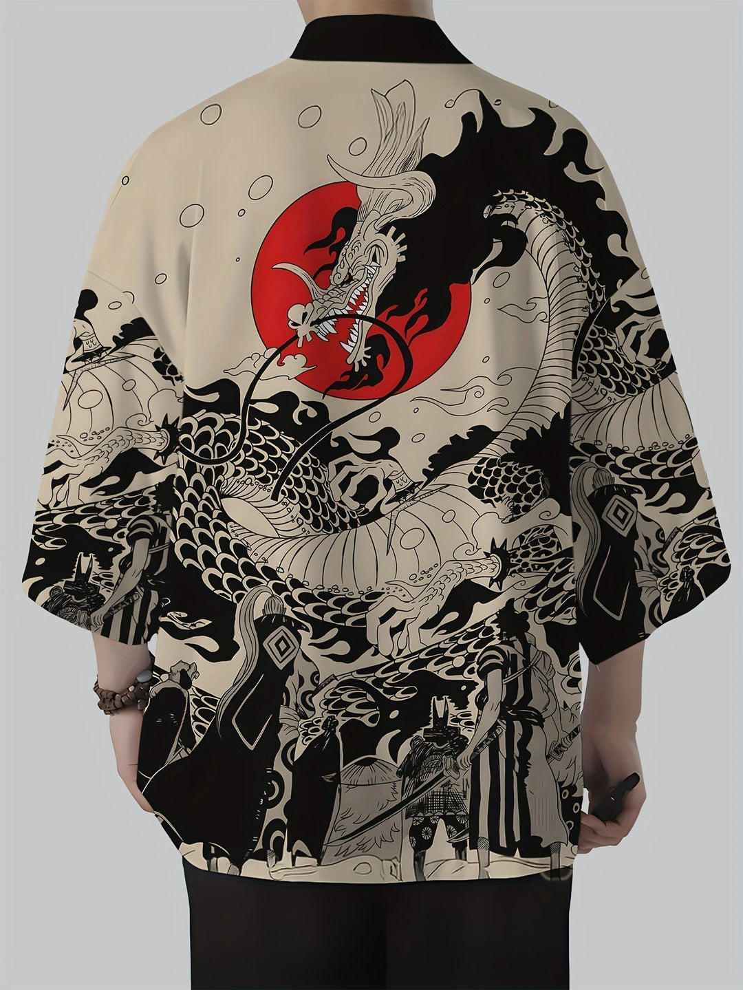 Japanischer Herren Kimono Cardigan: detaillierter Drachen- & Samurai-Print. Lockerer Schnitt, perfekt als Sommer Streetwear.