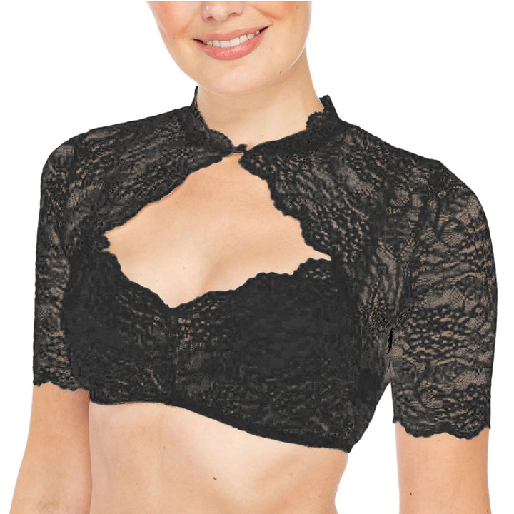 Feminine weiße Kurzarm-Dirndlbluse für Damen mit elegantem Ausschnitt, perfekt für festliche Anlässe.