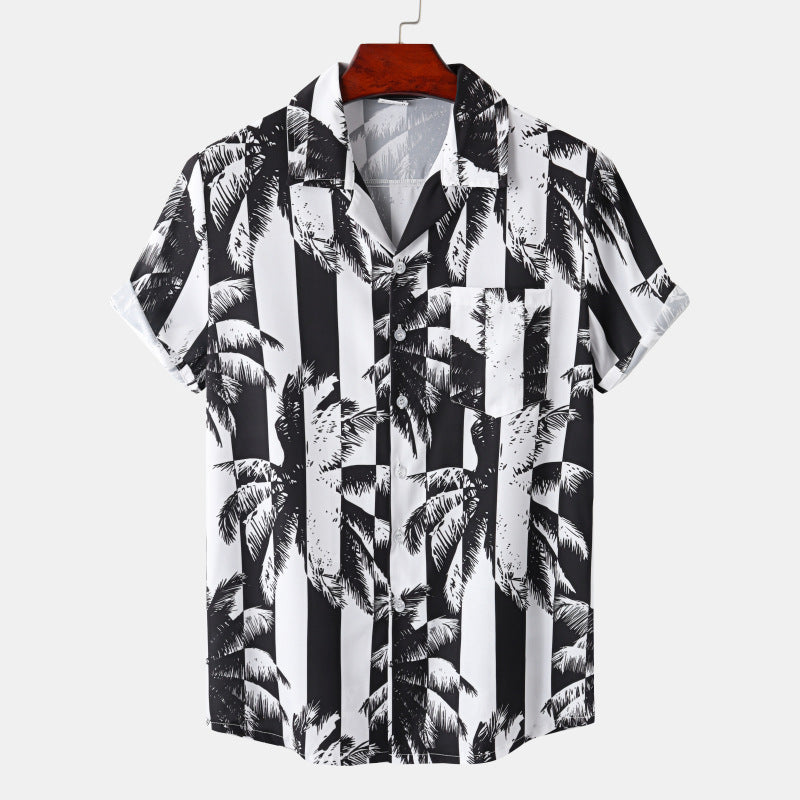 Herren Kurzarm Printhemd in Schwarz mit Muster; lockere Passform für stilvollen Alltagskomfort. Ideales Sommerhemd.