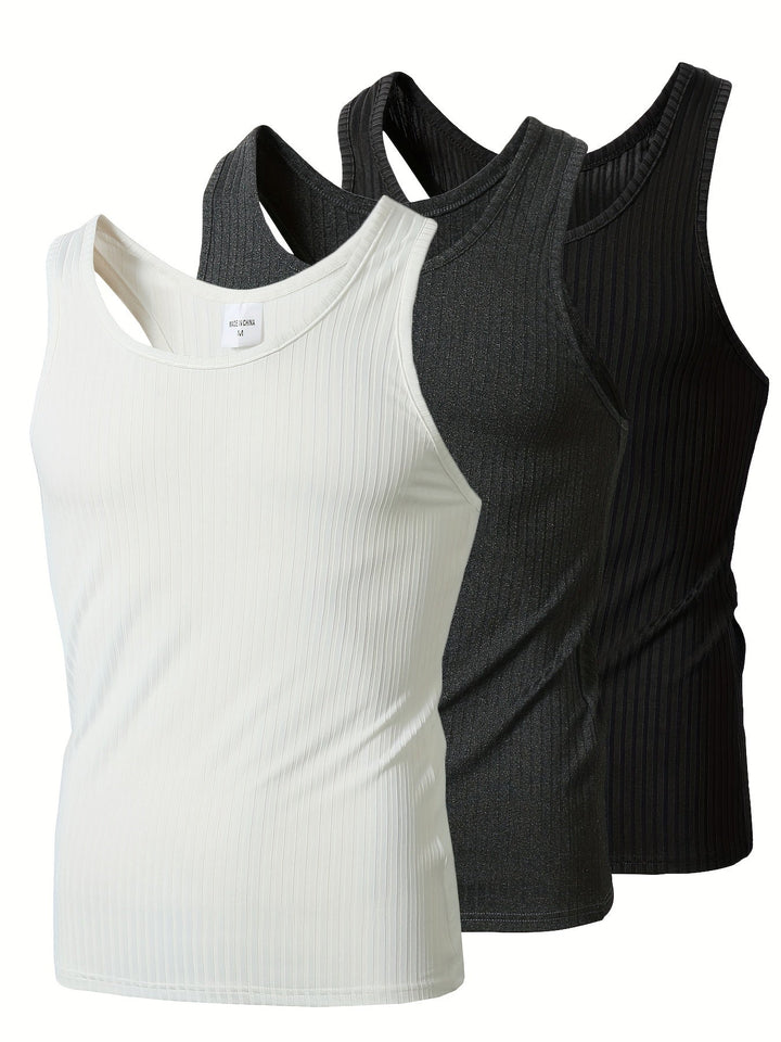 Weißes Herren Ripp Tanktop, 3er Pack. Ärmelloses Basic Shirt für Alltag, Training & Sommer.