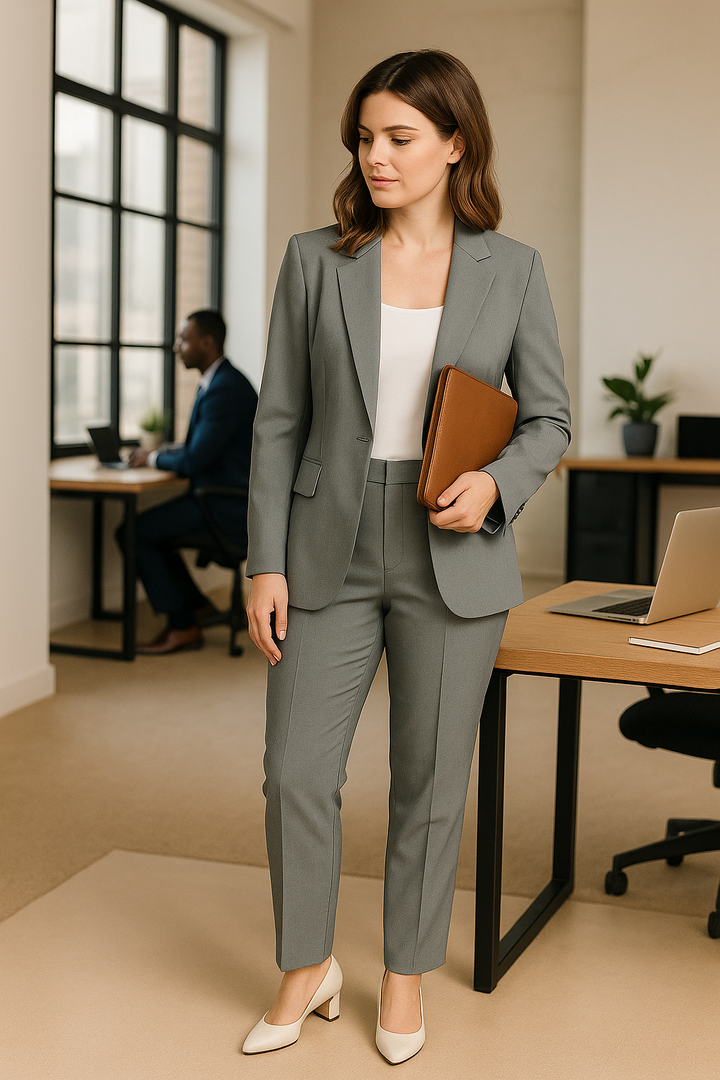 Stilvolles Damen Zweiteiler Outfit, ideal als Hochzeitsgast oder für elegante Festlichkeiten. Blazer & Hose.