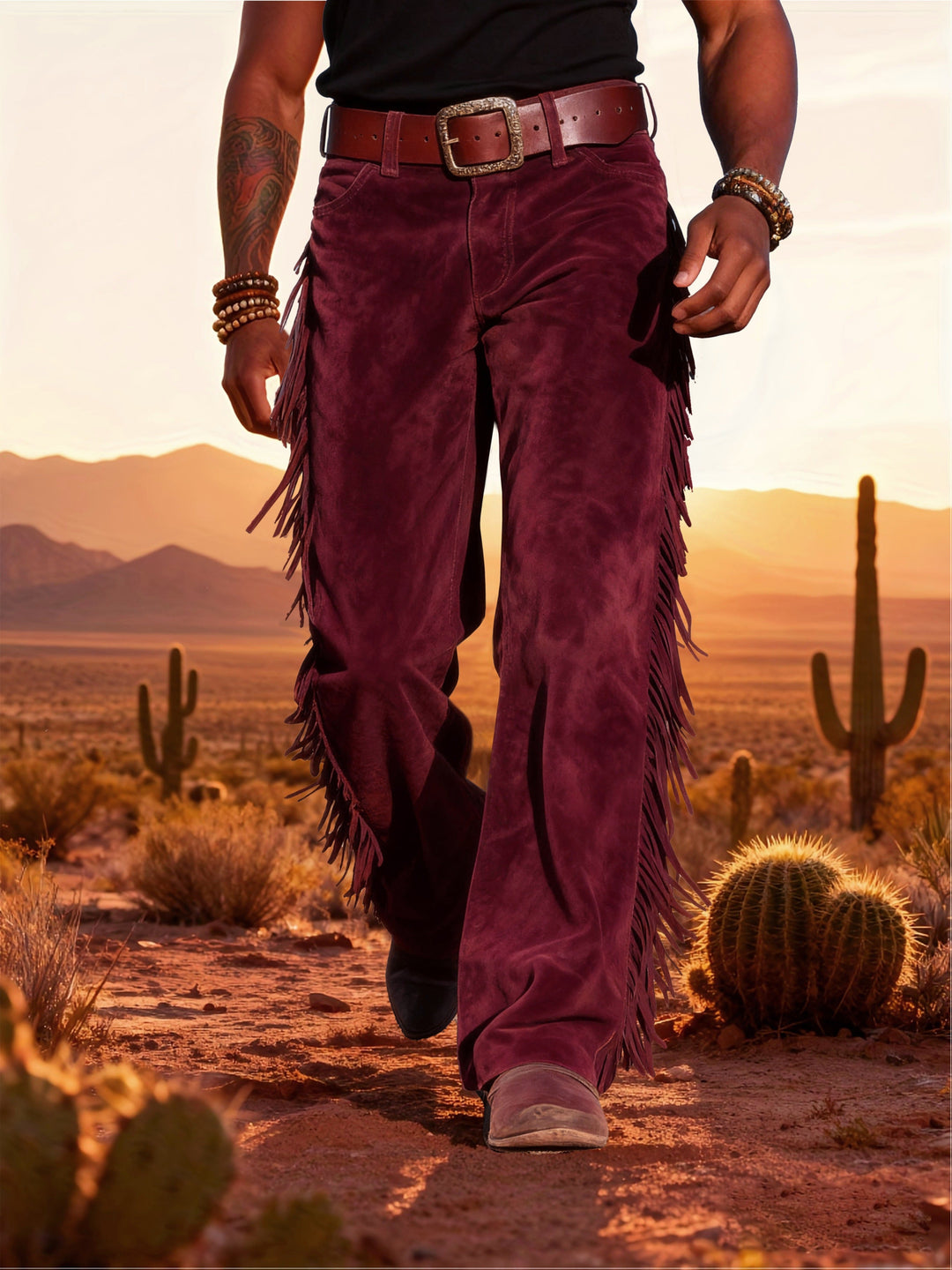 Stylische Herren Wildlederoptik Hose mit Fransen, Western-Look. Ideal als bequeme Freizeithose.