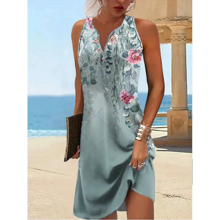 Bequemes Damen A-Linien Kleid mit farbenfrohem Blumenprint, ideal als Sommer- & Urlaubskleid.