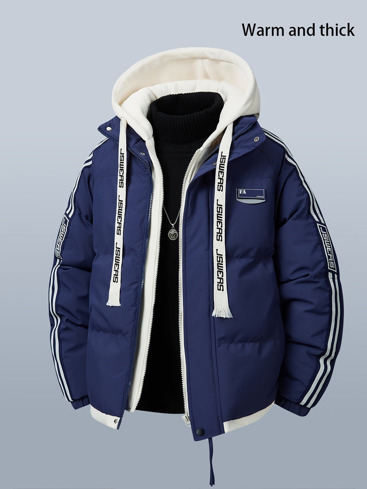 Herren Winter Steppjacke mit Kapuze, Kontraststreifen. Warme Outdoorjacke für Freizeit.