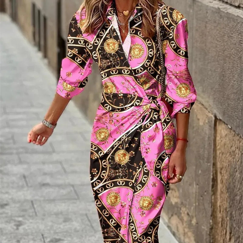 Modisches Damen Wickel-Maxikleid, elegantes Hemdblusenkleid für festliche Anlässe und Hochzeitsfeiern.