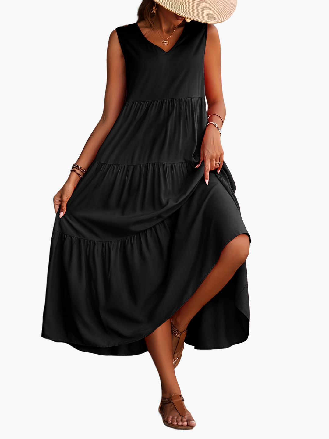 Bequemes ärmelloses Maxikleid für Damen mit V-Ausschnitt, elegant & farbenfroh, ideal für warme Sommertage.