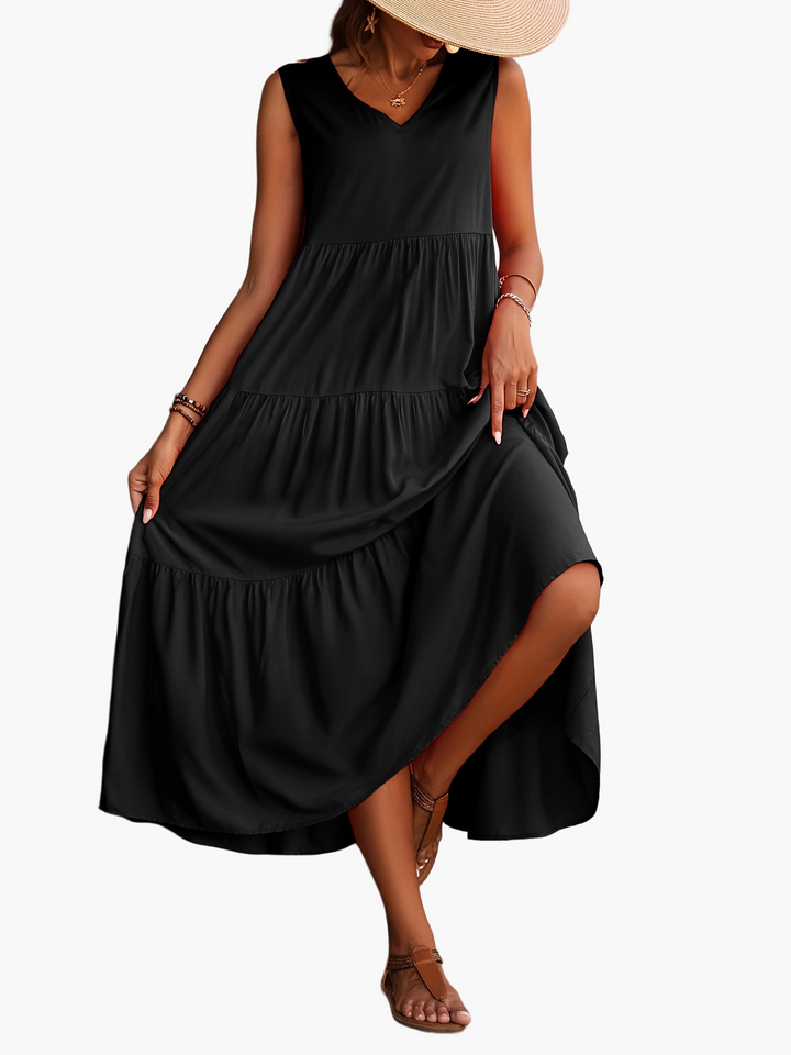 Bequemes ärmelloses Maxikleid für Damen mit V-Ausschnitt, elegant & farbenfroh, ideal für warme Sommertage.
