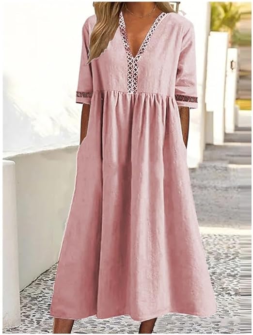 Modisches Damen Maxikleid mit V-Ausschnitt & fliessendem Stoff, ein elegantes Sommerkleid für Strand und Freizeit.
