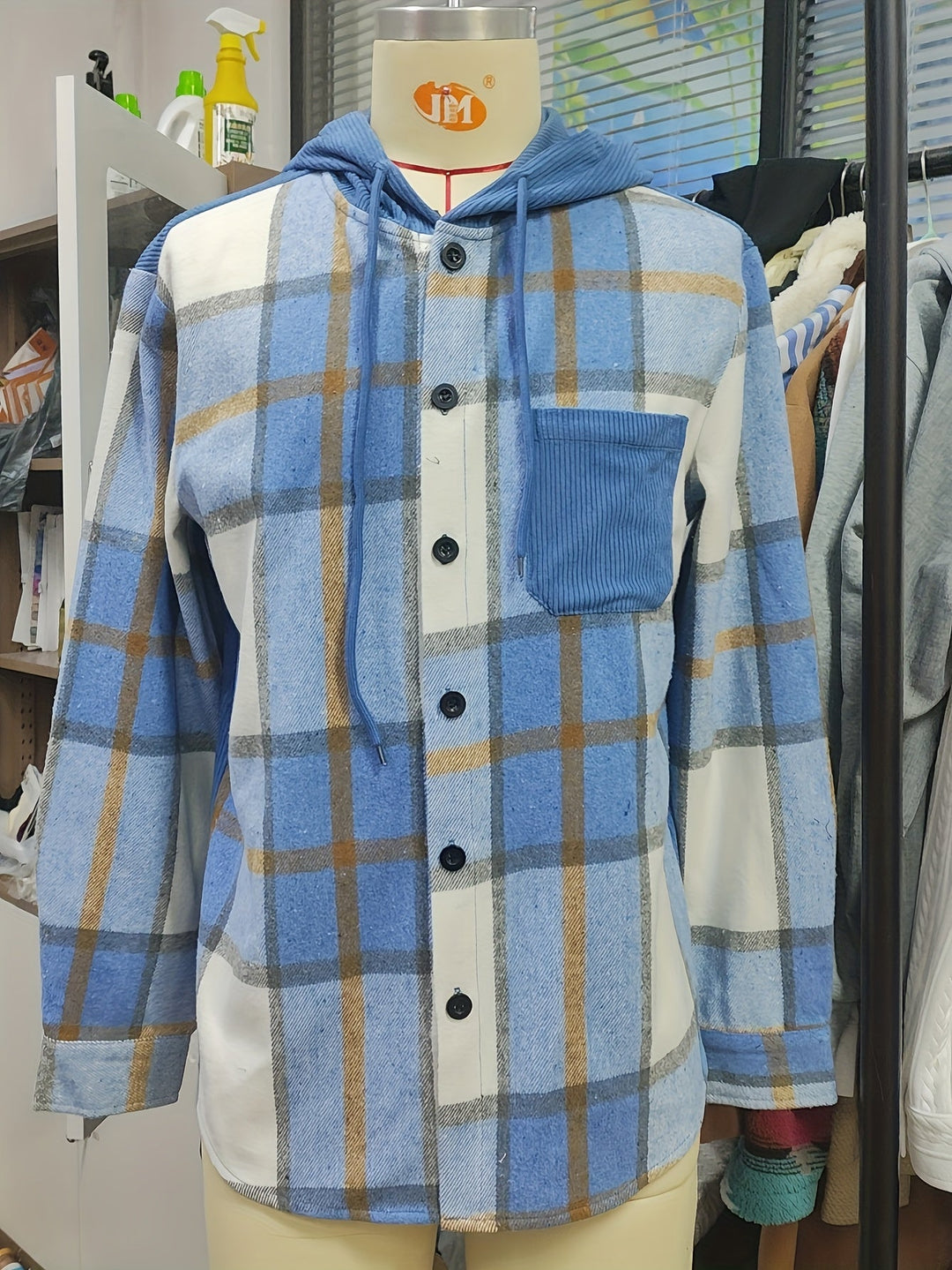 Warme Herren Hemdjacke kariert mit Kapuze, Langarm, Brusttasche; perfektes Oberteil.