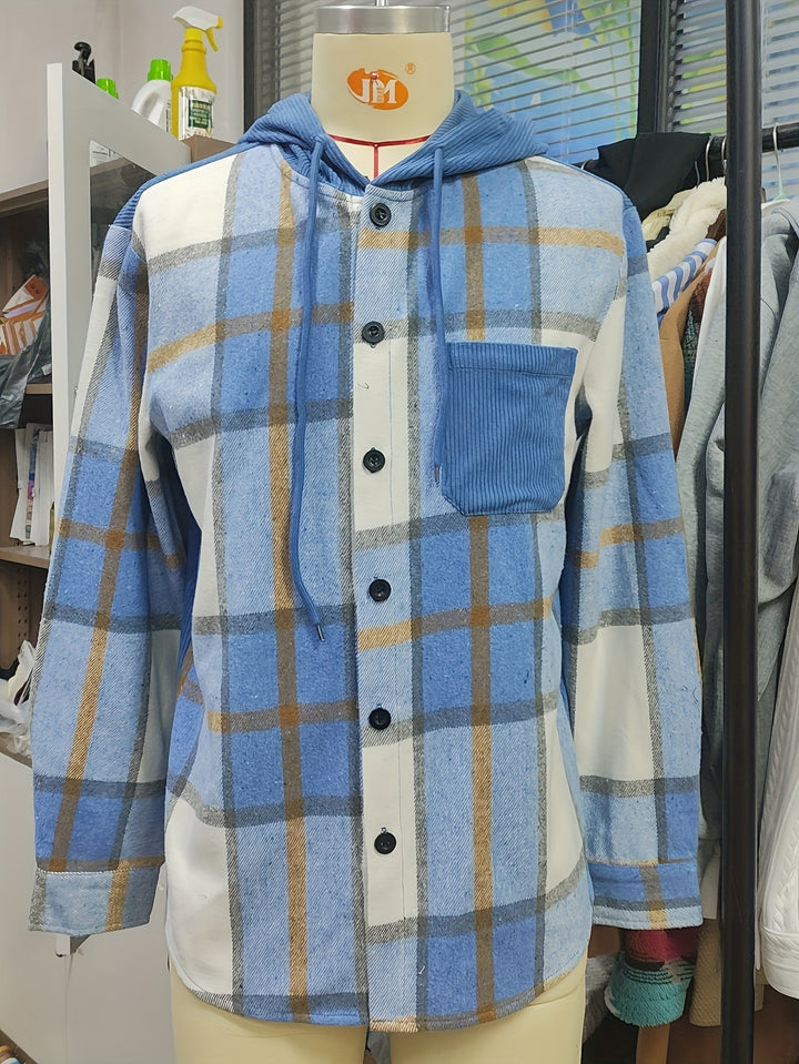 Warme Herren Hemdjacke kariert mit Kapuze, Langarm, Brusttasche; perfektes Oberteil.