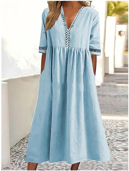 Elegantes, fliessendes Damen Maxikleid mit V-Ausschnitt in A-Linie, ideal für Sommer, Urlaub & Freizeit.