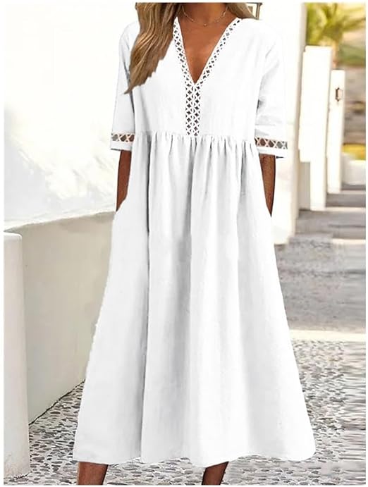 Bequemes Damen Sommer Maxikleid mit V-Ausschnitt in Blau, Weiß, Rosa oder Grün, perfekt für Strand & Urlaub.