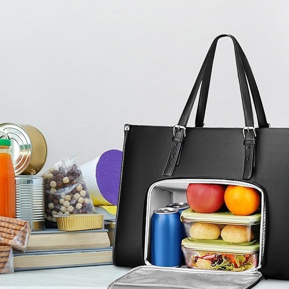 Stilvolle Damen 2-in-1 Lunch- & Laptoptasche, isoliert, ideal für Büro, Uni & Reisen. Praktische Organisation.